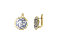 Серебряные серьги круглой формы с черневым узором в золотой окантовке «Елец»